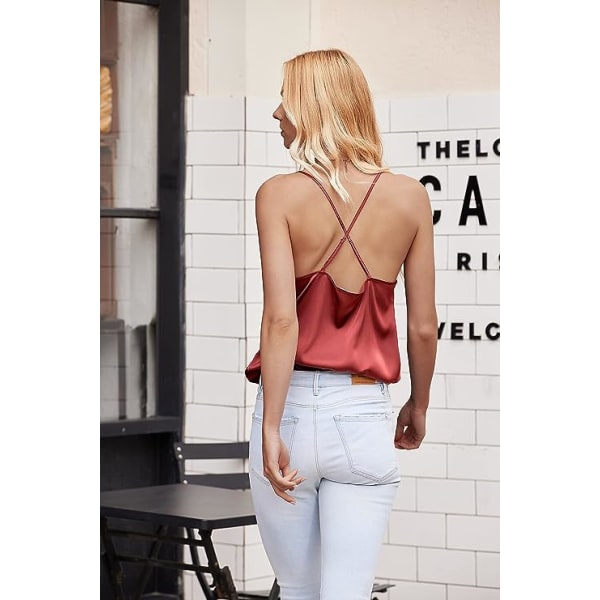 Silke Camisole Topper for Kvinner Kuppel Hals Camis Sateng Tank Top Sexy Spaghetti Stropp Ermeløs Løs Bluse（stor）