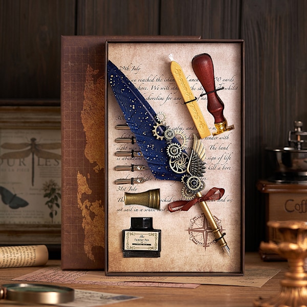 Peacock Mechanical Punk Style Wings Pen Dip Ink Set (Excluding Notebook/Notepad) Mörkblå