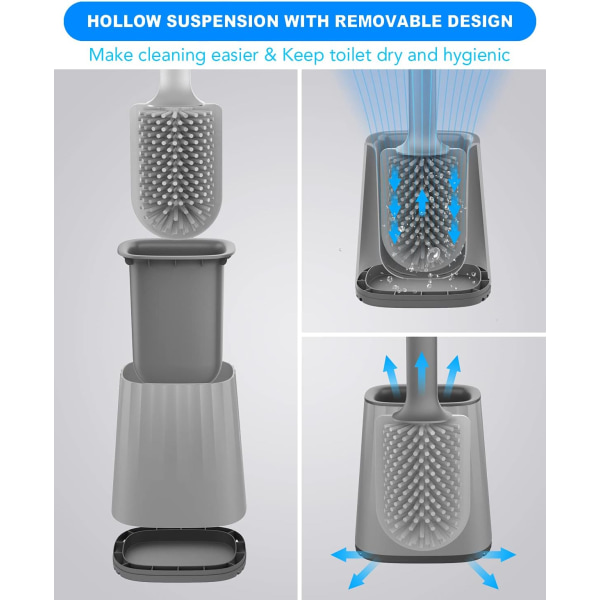 Toalettbørste og stativsett, Silikon toalettbørste, Multifunksjonell toalettbørste, Lekkasjesikker base, Sklisikkert langt håndtak