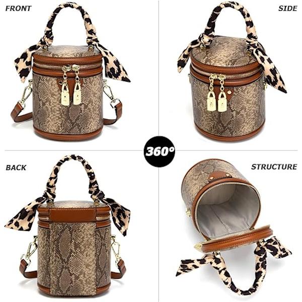 Vintage Bucket Håndtaske til kvinder med slangeprint i kunstlæder - Crossbody skuldertaske med dobbelt metal lynlås