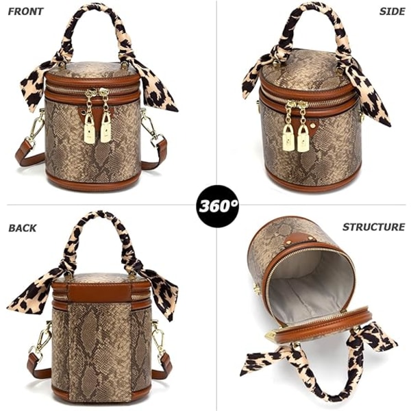 Vintage Bucket Handväska för Kvinnor, Ormmönstrad Konstläder Crossbody Väska med Dubbel Metall Blixtlås