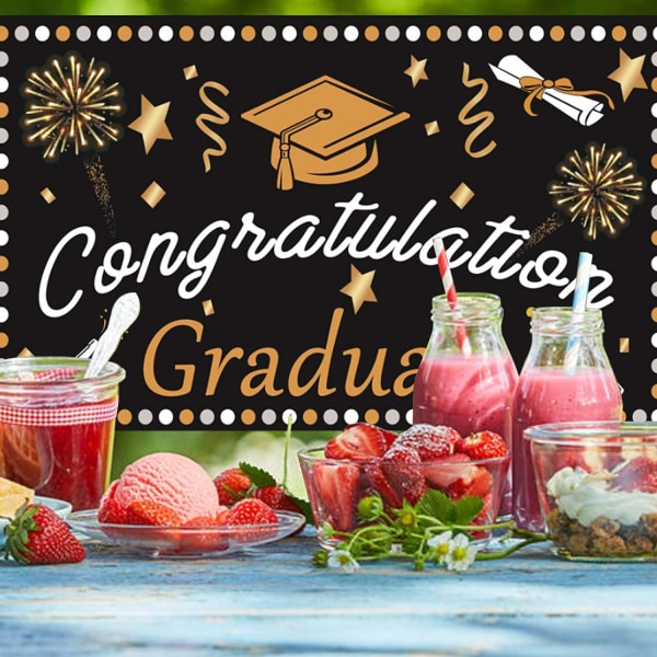 Graduation Baggrund 71\" x 45\", Ekstra Stor Tillykke Graduation Banner 2022, Sort og Guld Graduation Foto