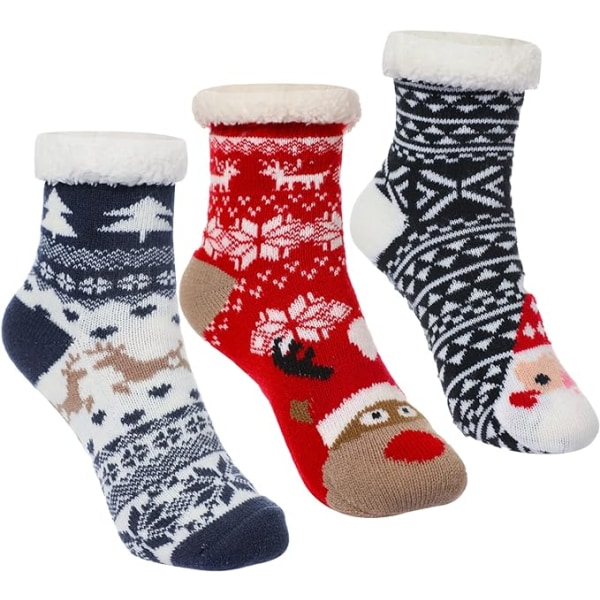 3 par med tøffelsokker for gutter, fuzzy barneslippersokker med sklisikre grep, tykke, fluffy, søte julesokker for barn