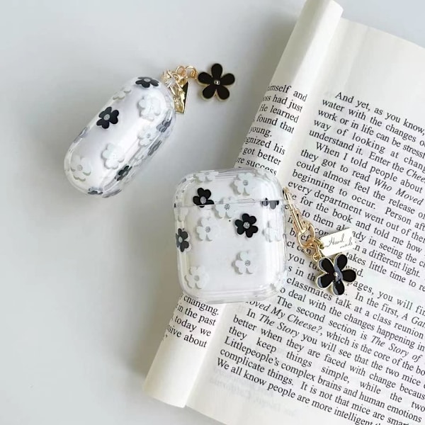 Airpods 2. og 1. generations etui øretelefoner etui beskyttende cover skin med nøglering Airpods tilbehør kompatibel (sort blomst)
