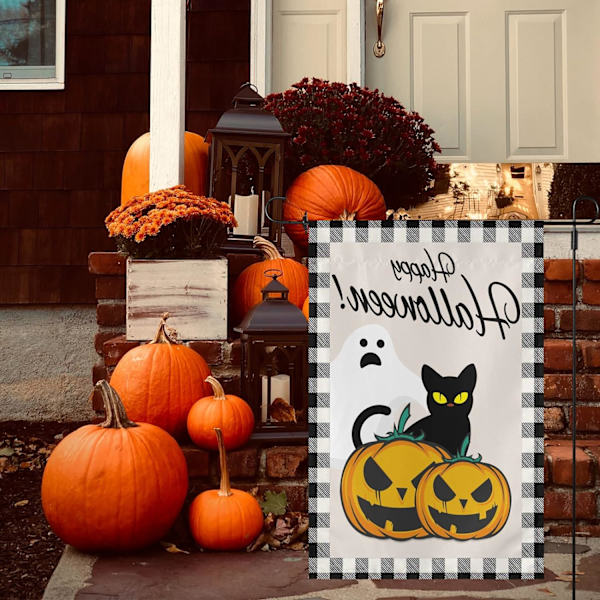 Halloween trädgårdsflagga, dubbelsidig höstgård flagga med pumpor fladdermöss hemsökt slott spöke svart katt 12,5 x 18 tum