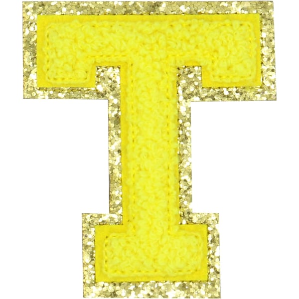 Engelsk bokstav T Stryk på reparasjonslapper Alfabetsøm Applikasjoner Klesmerker, med gullglitterkant, selvklebende klistremerke bak（gul T）TYgul