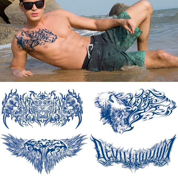 Semi-permanente tatoveringer for menn, voksne, 4-pakningssett, stort realistisk, langvarig sminke, midlertidig tatoveringsutseende