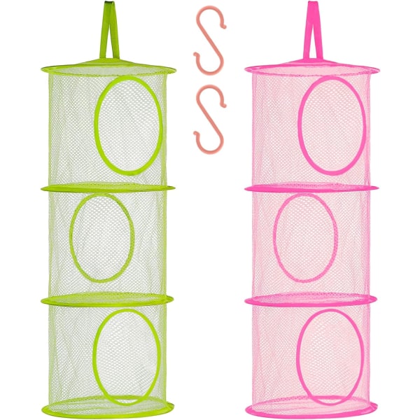 Vikbart hängande mesh Space Saver Bags Organizer, fack Hängande gosedjursförvaring för barn, 2pack (3-vånings-grön och rosa)