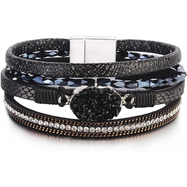 Läderomslag Armband Boho Manschett Armband Kristall Pärla Armband med Magnetiskt Spänne Smycken Gåvor för Kvinnor Tonårsflickor