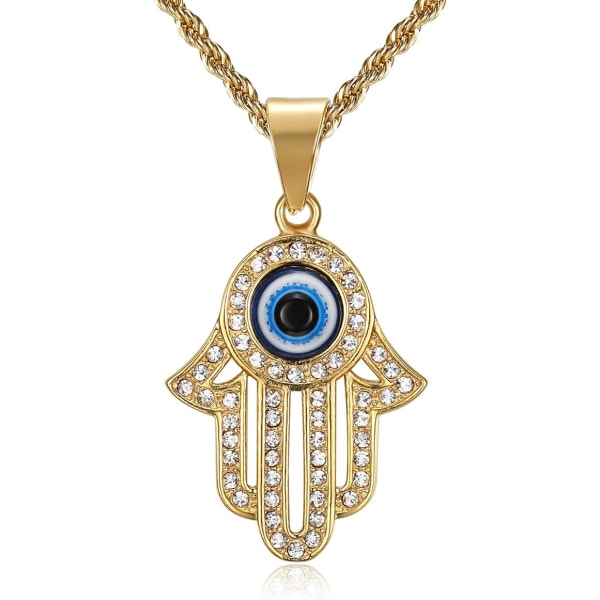 Helt 3D Blue Evil Eye Beads Fatima Hamsa Hand Egyptian Protection Pendant Rostfritt stål Halsband, 24 tums kedja Eye of Horus