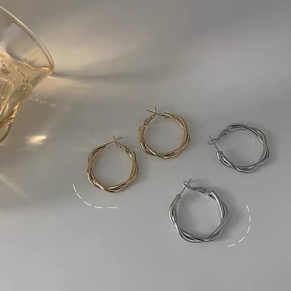 Kvinders bøjle øreringe, 15K guld Sterling Sølv Chunky Twisted Hoop øreringe Anti-allergi øreringe