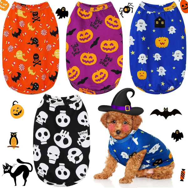 4 delar Halloween Hundtröja Halloween Hundkläder Hunddräkt Pumpa Spöken Fladdermöss Skelett Printed Hundvalp Halloween Hundkläder (L)