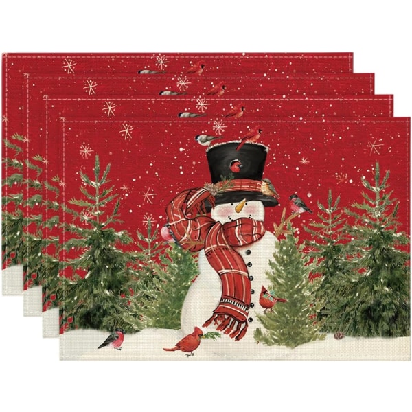 Snowman Cardinal Tree Julbordslöpare, 30,48 x 45,72 cm Säsongsbetonad julhelg Rustik Vintage Thanksgiving tvättbara bordslöpare Set med 4