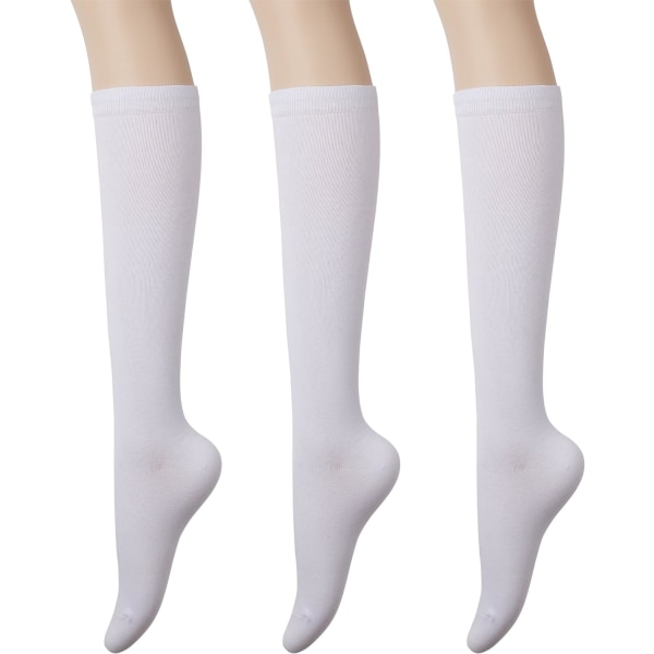 Knähöga strumpor i bomull för kvinnor - Casual Enfärgade och randiga färger Modestrumpor 3 par, vit