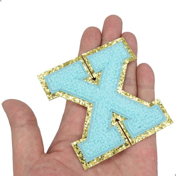 Englannin kirjaimen X rauta-sovellettavat korjauslaastarit Aakkosten ompelutarrat Vaatteiden merkit, kultaisen glitterin reunalla, liimapintainen tarra (Sininen X) XSininen