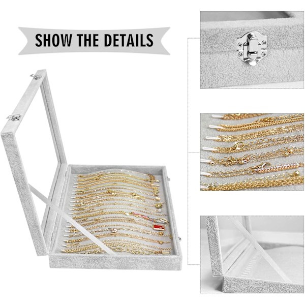 Halsbandshållare Box Premium 20 Krokar Halsband Display Smyckeskrin med Transparent Lock Smyckeshalsband Display Box (Grå)