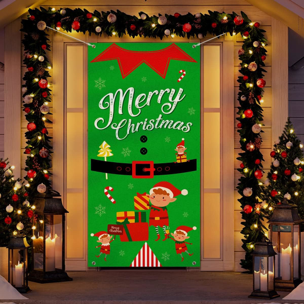 Jul dörrskydd Cover -God Jul Dörrhängande banderoll, Elf Christmas Supplies för 2022 Xmas Utomhusbakgrundsdekoration (grön)