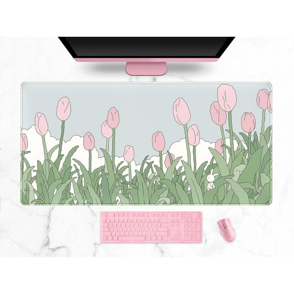 VandfarveTulip Blomster Musemåtter, Udvidet Gaming Musemåtte XXL Kawaii Anime Pink Grøn Stor Fuld Skrivebord til Trådløs Mus Tastatur 31,5\"x15,75