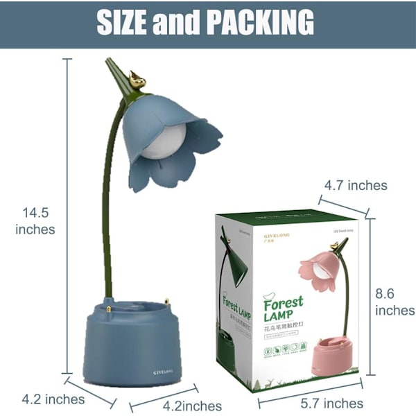 Søt LED-skrivebordslampe Kawaii-skrivebordstilbehør, Blomst Fugl Bordlampe USB Oppladbar, 3 Fargemoduser, Trinnløs Dempe (Blå)