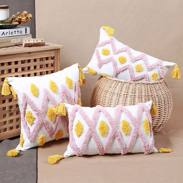 Fargerike Boho Tufted Pledd Putetrekk med Dusker Geometriske Kvadratiske Pudetrekk Putevar (Geometrisk A, 18\"x18\")