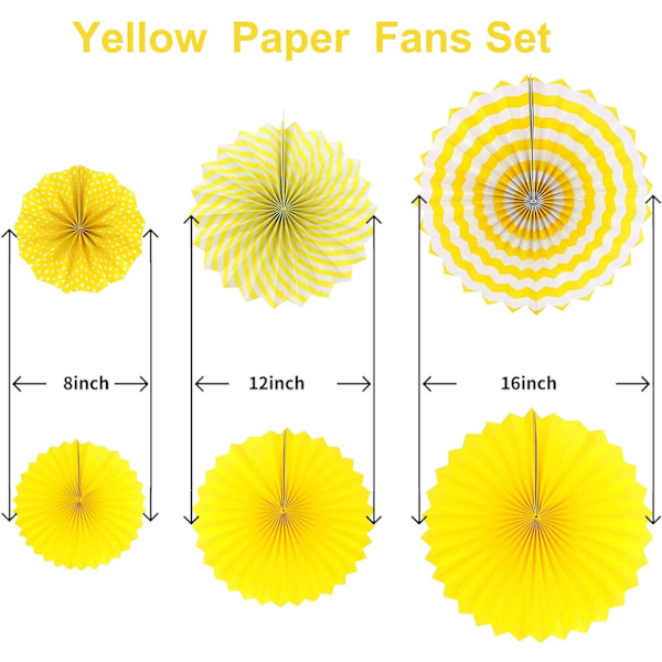 12 kpl Paper Fan -setti, Fiesta-kuvio, ripustettavat paperikoristeet juhliin, Uusivuosi, vauvakutsu (Keltainen)