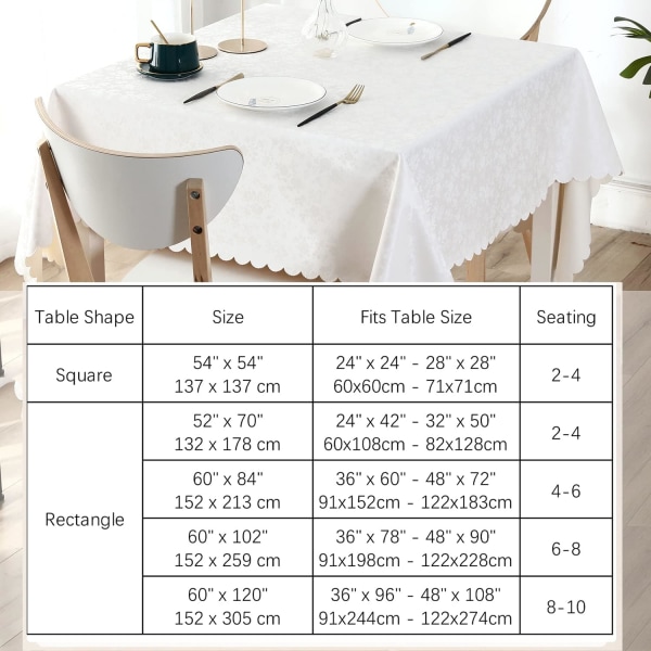 Vattentät vinylduk, fyrkantig, kraftig bordsduk, avtorkningsbar cover för kök och matsal (vit, 54" X 54")