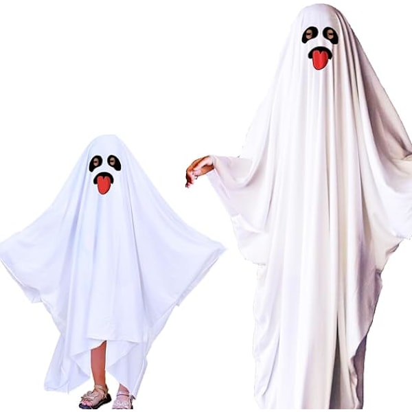 Haamuasu Unisex Lapsille ja Aikuisten Halloween-asu Cosplay Poika Valkoinen Boo Haamuviitta Lapsi Pelottava Kelloja (Grimace) XL(146CM)