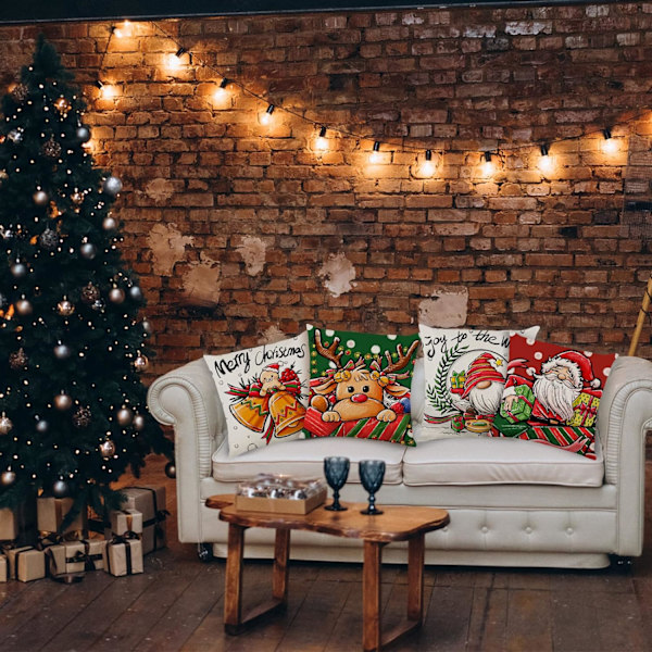 Juleputetrekk 45x45cm, 4-pak juledekorativ sofa i bomull og lin juleputetrekk til sofa seng stol hage-julefarge