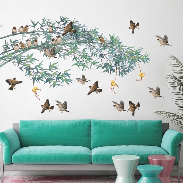 Gaint Avtagbar DIY Grön bambu och flygande fåglar Väggdekal Kreativ 3D TV-soffa Bakgrundsdekoration Väggdekal Peel