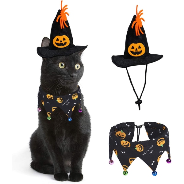 Katte Halloween kostume - Halloween kattehalsbånd med klokker og Halloween græskarhat Kattekostumesæt