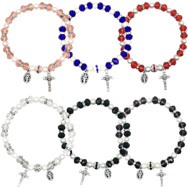 Rosenkrans katolske armbånd for kvinner jenter perler stretch rosenkrans armbånd med krusifiks mirakuløs medalje helgen armbånd kristne konfirmasjonsgaver