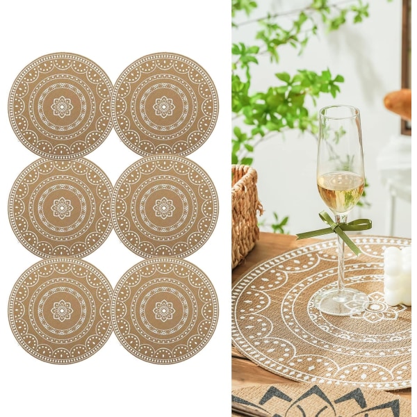 Sett med 6 Boho PVC runde dekkebrikker for spisebord Mandala bordmatter Vaskbare varmebestandige dekkebrikker Jute Retro borddekor(F)
