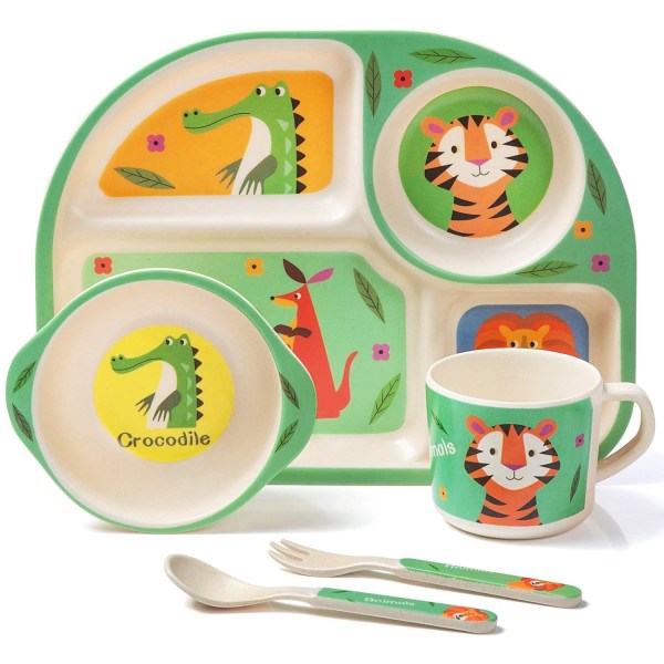 Bambus barneservisesett, 5-delt barneservisesett tiger, tallerken, bolle, skje, gaffel, kopp, alder