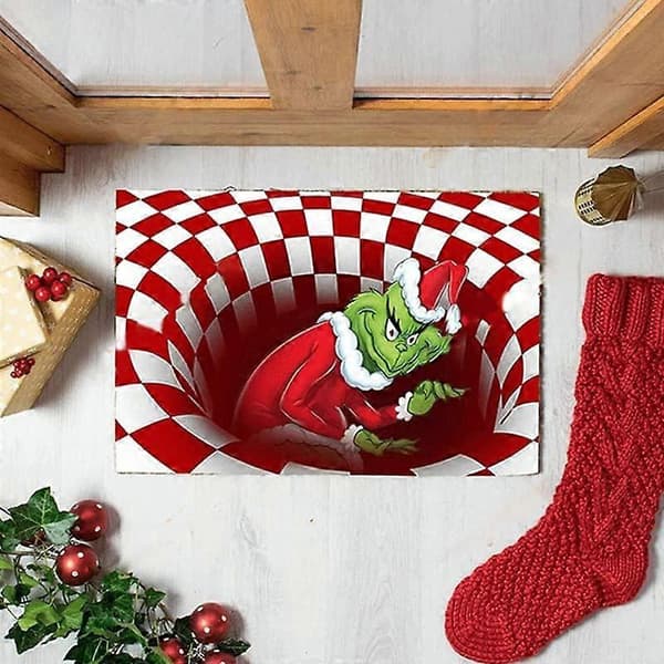 Illusjonsdørmatte, juledekorasjon sklisikker dørmatte, 3D visuell illusjon fluffy matte. (Rød, 50cm x 80cm)