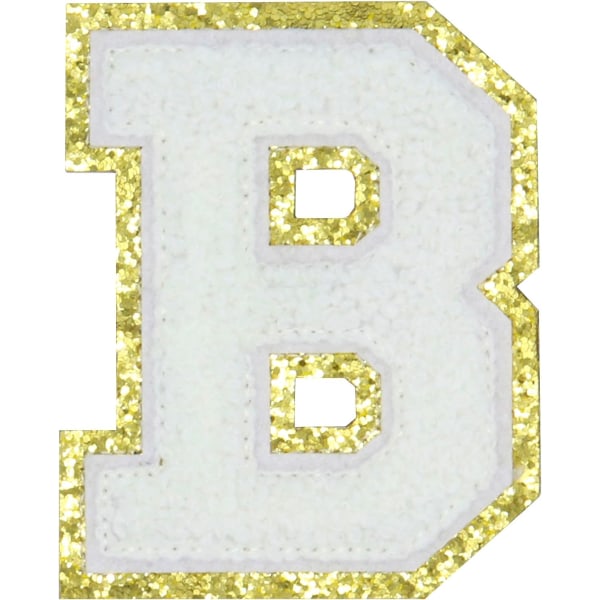 Engelsk bokstav B Stryk på reparasjonslapper Alfabetsøm Applikasjoner Klesmerker, med gullglitterkant, selvklebende klistremerke bak（Hvit B）BHvit