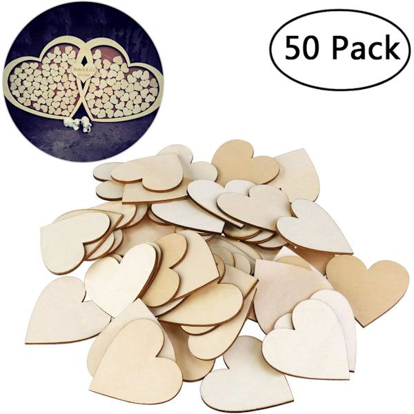Pakke med 50 stk 40 mm hjertevedskive-skiver for håndverk, bryllupsdekorasjon, DIY-pynt (trefarge)