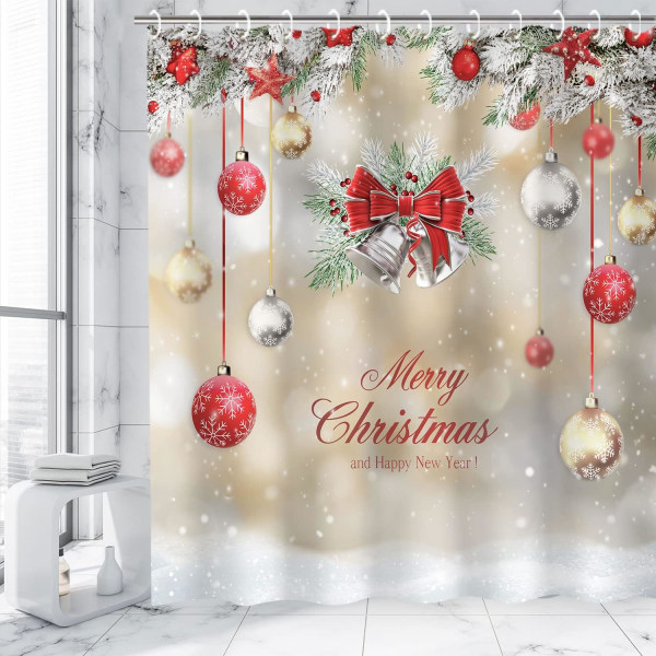 Christmas Shower Curtain Red Christmas Fabric with Hooks Red Silver Baubles Merry Christmas Bathroom Decoration Holiday, W 182.88 cm x H 182.88 cm