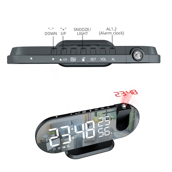 Projektionsväckarklocka, LED-speglad sängklocka radio med 180° projektor, dubbla alarm, USB-laddare - Vit