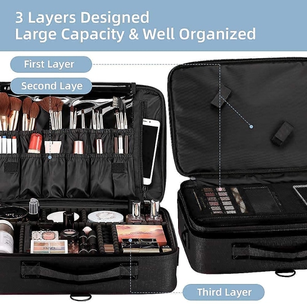 Travel Makeup Train Case Professional Makeup Case 16" Large Capacity Cosmetic Case Make up Brush Organizer Portable Artist Storage Bag Black