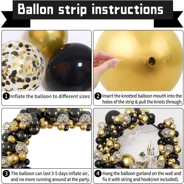 Svart guld ballonger girland kit, 132 st guld metalliska och svarta konfetti ballonger för födelsedagen 2023 examen bröllopsdag förlovning