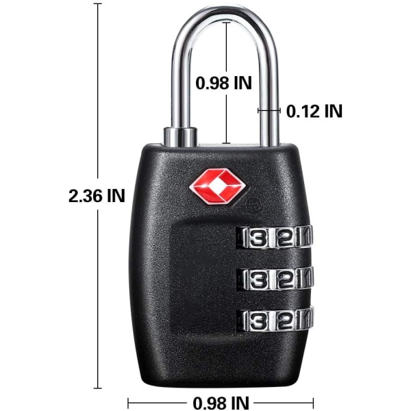 Bagagelåse (4-pak) - 3-cifrede kombinationslåse - Godkendt rejselås til kufferter og bagage (sort)