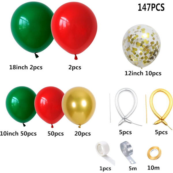 147 stk. rød, grøn og guld ballon guirlande sæt - Rød, grøn, guld ballon og guld konfetti balloner til fødselsdag, babyshower, bryllup