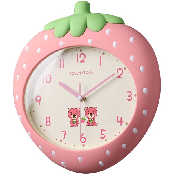 Strawberry Väggklocka 12 tum Tyst, ej tickande batteridriven Söta tecknade klockor för vardagsrumsinredning, kök kontorsbarn (rosa)