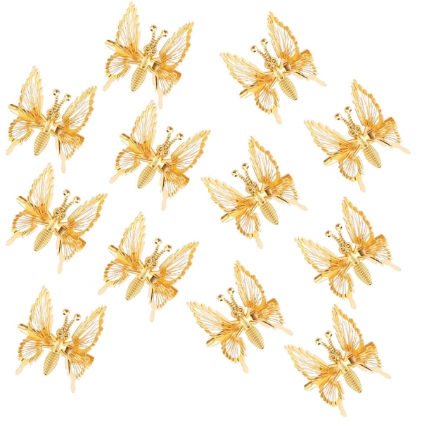 12 delar 3D Butterfly Hårklämmor Guld Metall Rörliga Fjärilshår Spännband Hårklämmor Pins Kloklämmor Söt fjäril