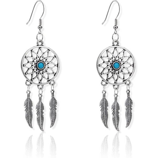 Kvinne Retro Sølv BOHO Stil Metall Dangle Drop Øredobber Drømmefanger Statement Fjær Dangle Dusker Turkis Øredobber for Kvinner Jenter