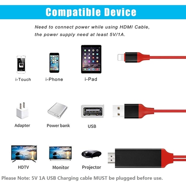 Lightning til HDMI-kabeladapter kompatibel med IPhone, 1080P digital synkroniseringsskjerm lyd- og videoadapter