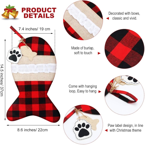 2 kappaletta Burlap-lemmikkieläinten joululahjasukkia Buffalo Plaid -suurikokoinen kalankuvioinen jousi Lemmikkieläinten joululahjasukat joulukuusen kotijuhlan koristeisiin