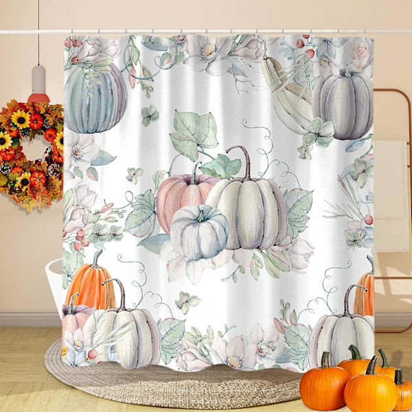 Efterårs Teal Græskar Bruseforhæng, Sød Efterår Thanksgiving Akvarel Dekoration med Kroge 72 X 72 tommer Boho Bondehus Blomsterferie Badeværelse Indretning