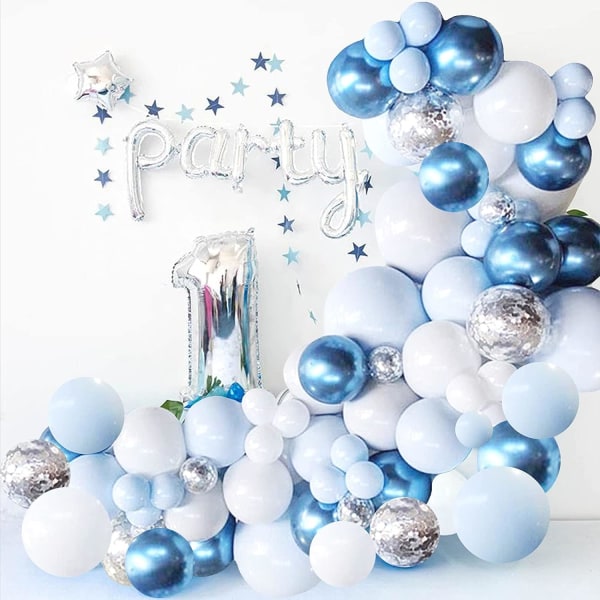 Blue Balloon Garland Arch Kit, metallisk blå vit och silver konfetti latex ballonger för baby shower födelsedag bröllop examen