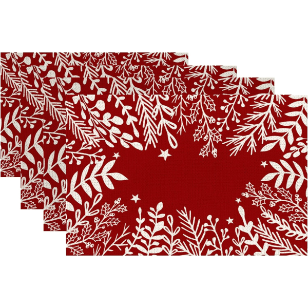 Jul Blomsterblade Røde dækkeservietter 30,48 x 45,72 cm Sæt med 4, Sæsonbestemt Bondegård Jute Indendørs køkkenbord dekoration Hjemmefest AP215-18